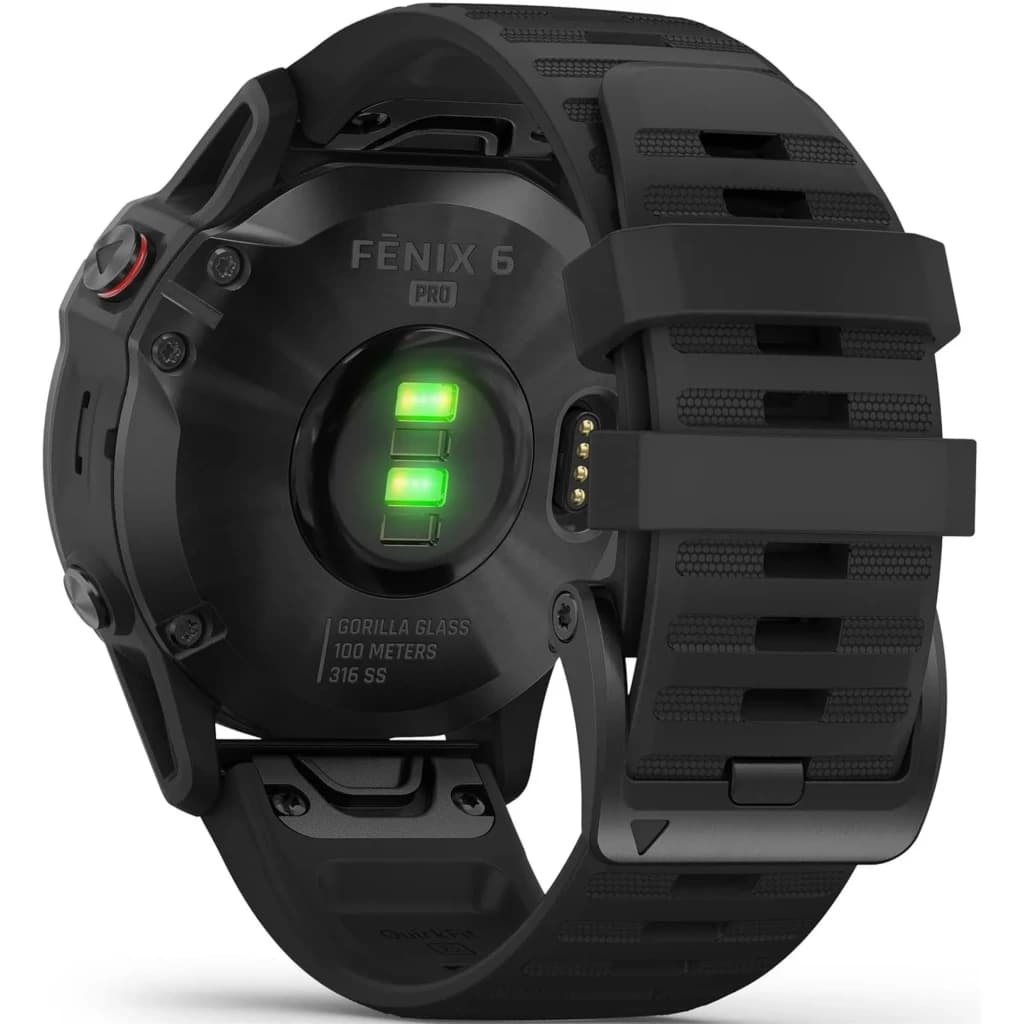 Garmin Fénix 6 Pro 47mm negro renovado estado premium con correa de silicona negra, sensor óptico verde, carcasa 316 SS y resistencia 100 m