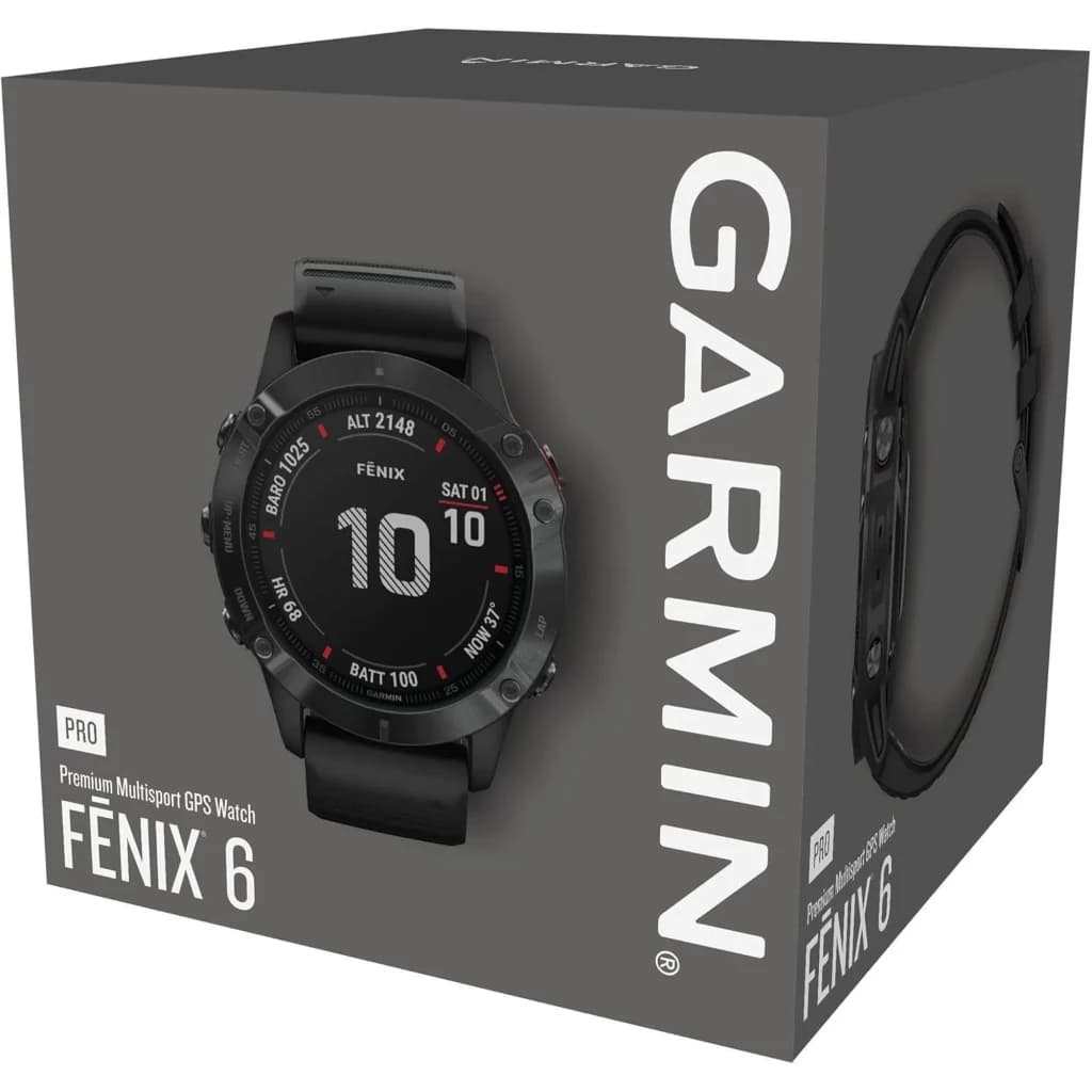 Caja del Garmin Fénix 6 Pro 47 mm negro, muestra reloj inteligente deportivo con bisel robusto, correa negra y pantalla con datos de altitud, batería y hora