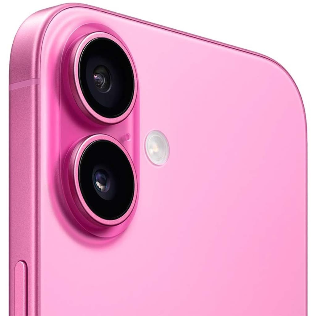 iPhone 16 5G Rosa renovado excelente: módulo trasero rosa con doble cámara grande, lentes negros y flash LED, acabado metálico brillante