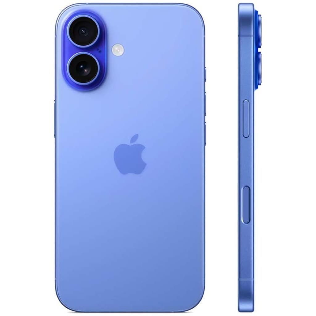 iPhone 16 5G 256 GB azul renovado en estado excelente con doble cámara trasera vertical, acabado mate y marco delgado en aluminio color azul