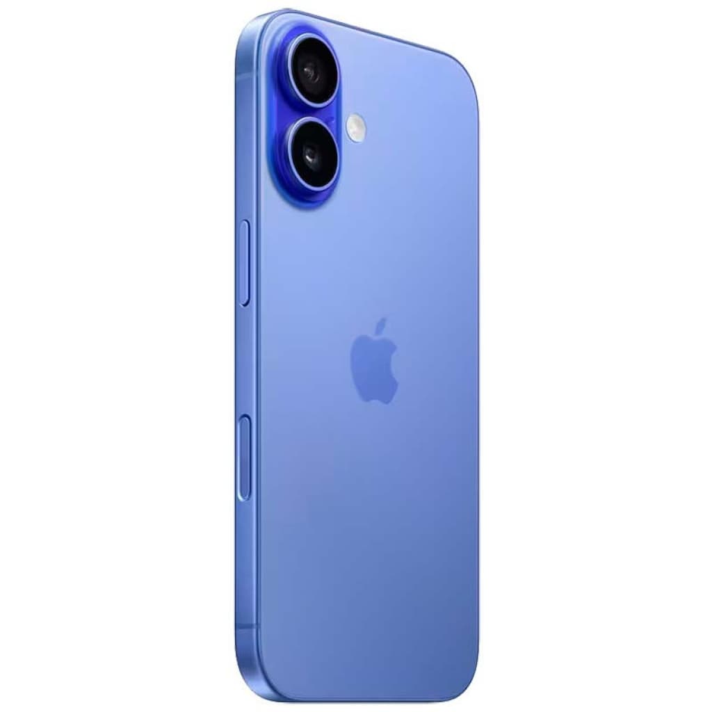 iPhone 16 5G 256 GB azul renovado en estado excelente, acabado mate con bordes planos, dos cámaras traseras grandes y botón lateral visible