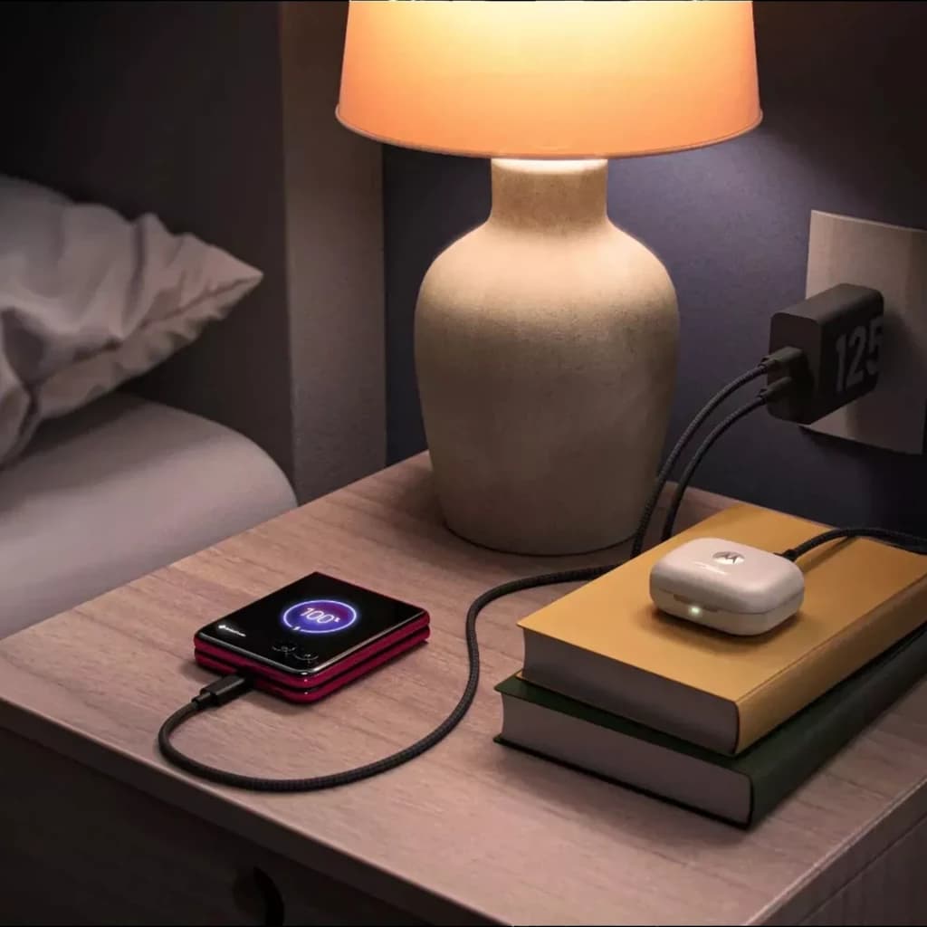 Carregador Motorola TurboPower 125W preto com dois cabos USB-C, design compacto na tomada, luz indicadora, carregando celular dobrável e estojo de fones