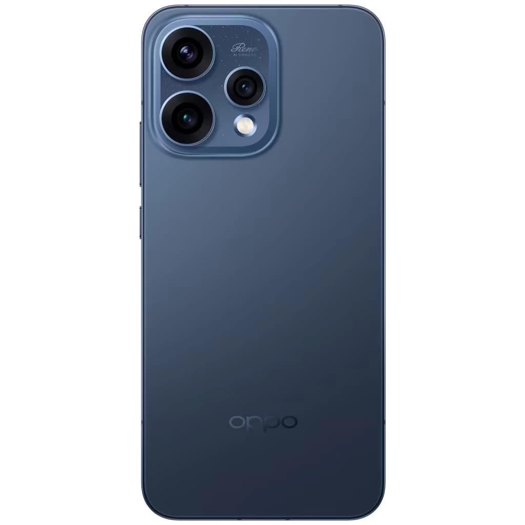 Oppo Reno15 5G Twilight Azul com traseira fosca e módulo de câmera tripla em ilha elevada; acabamento elegante e logo Oppo discreto na base