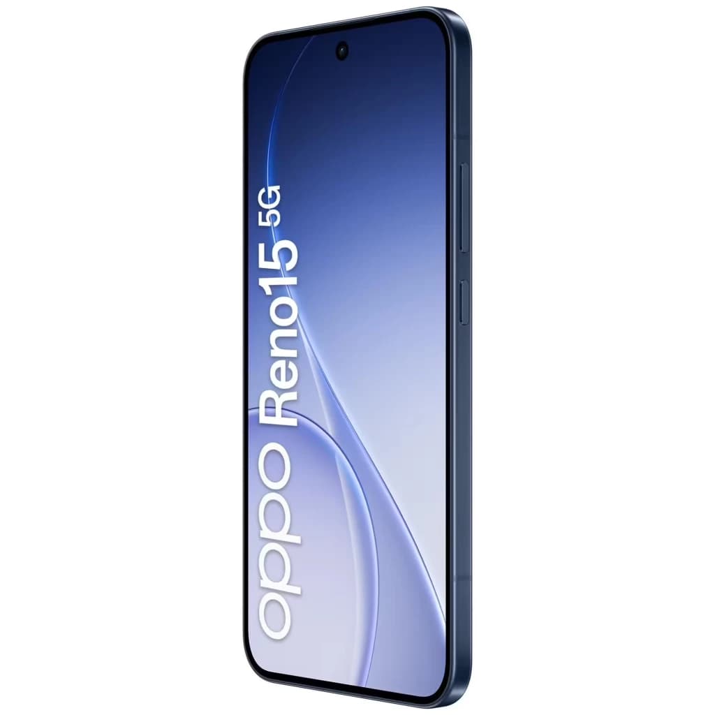 Oppo Reno15 5G azul Twilight com tela ampla sem bordas, furo central para câmera, laterais finas em metal e logo Oppo Reno15 vertical na frontal