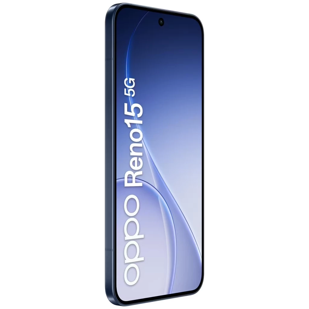 Oppo Reno15 5G Twilight Azul com tela ampla de bordas finas, câmera tripla traseira em módulo quadrado e acabamento fosco elegante - Item4