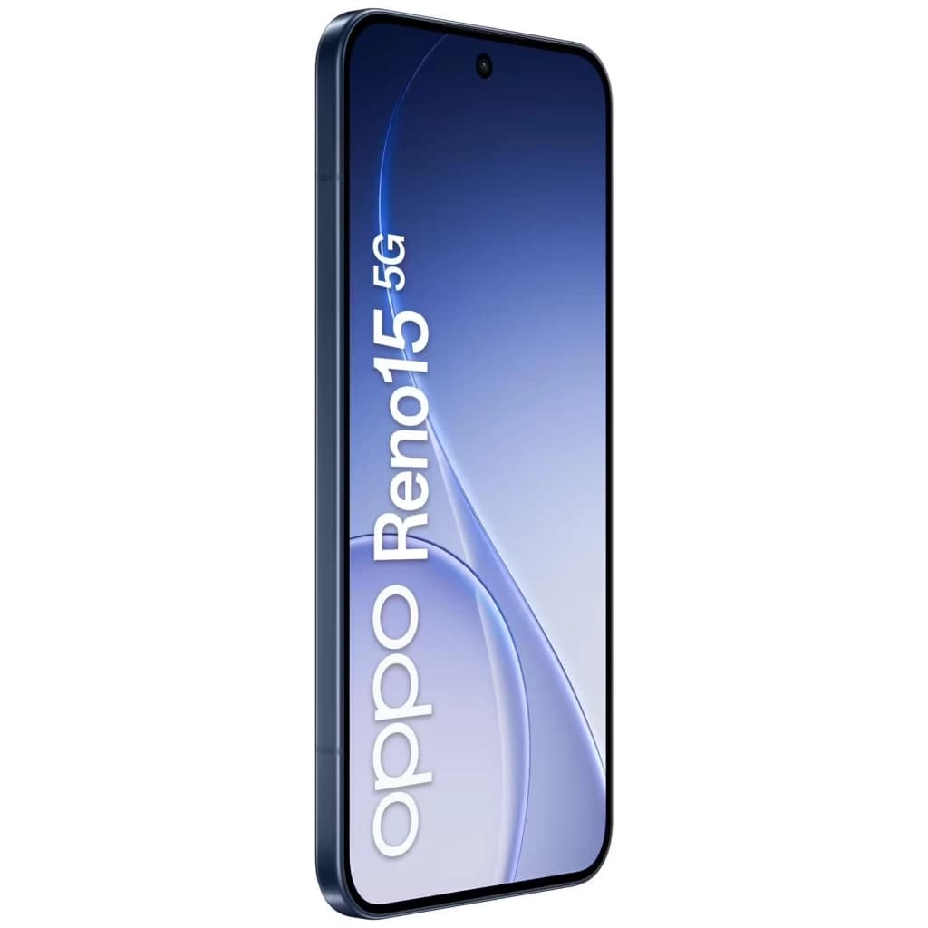 Oppo Reno15 5G azul Twilight com tela curva quase sem bordas, furo central para câmera frontal e laterais finas em acabamento escuro elegante