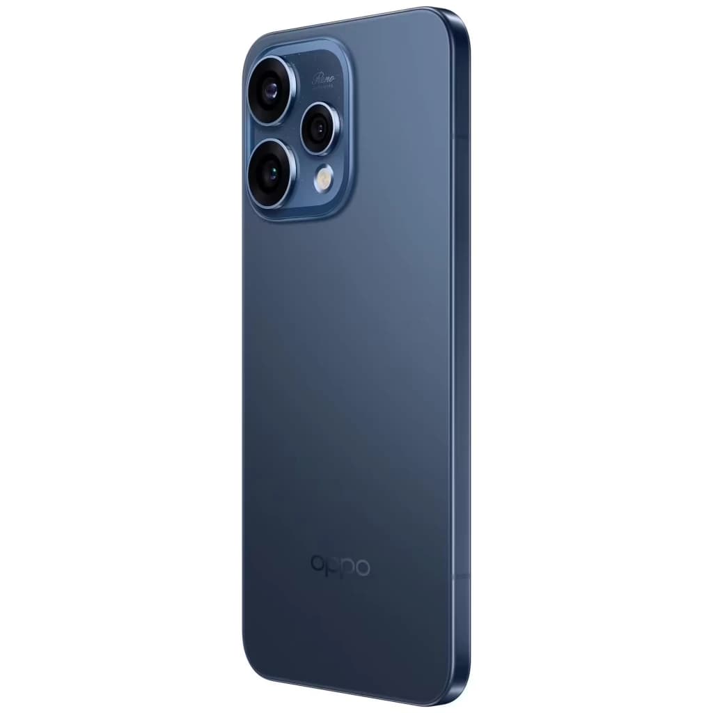 Oppo Reno15 5G azul Twilight com traseira fosca e módulo de câmera tripla saliente em canto superior esquerdo; bordas retas e acabamento premium