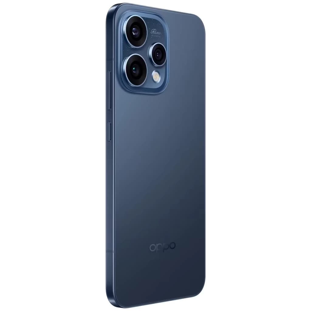 Oppo Reno15 5G Twilight Azul com traseira fosca elegante e módulo de câmera tripla saliente em anel, cantos retos e acabamento premium que reflete a luz