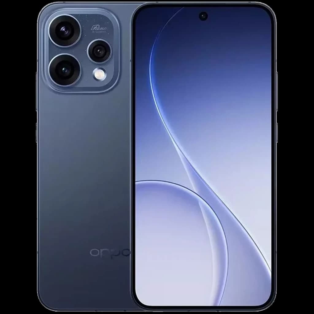 Oppo Reno15 5G Twilight Azul com tela ampla de bordas finas, câmera tripla traseira em módulo quadrado e acabamento fosco elegante