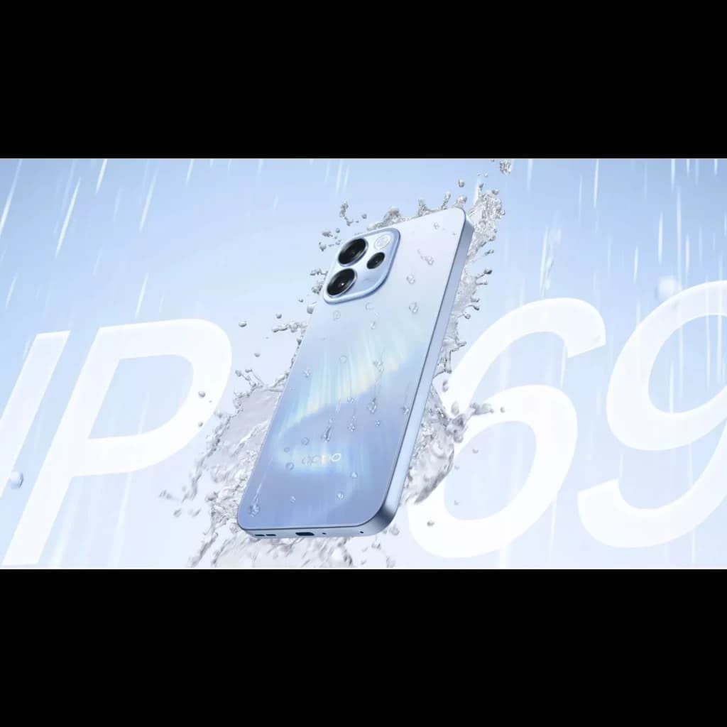 Oppo Reno15 5G Twilight Azul com traseira azul perolada, duas câmeras grandes e resistência à água IP69, design elegante com gotas dágua visíveis