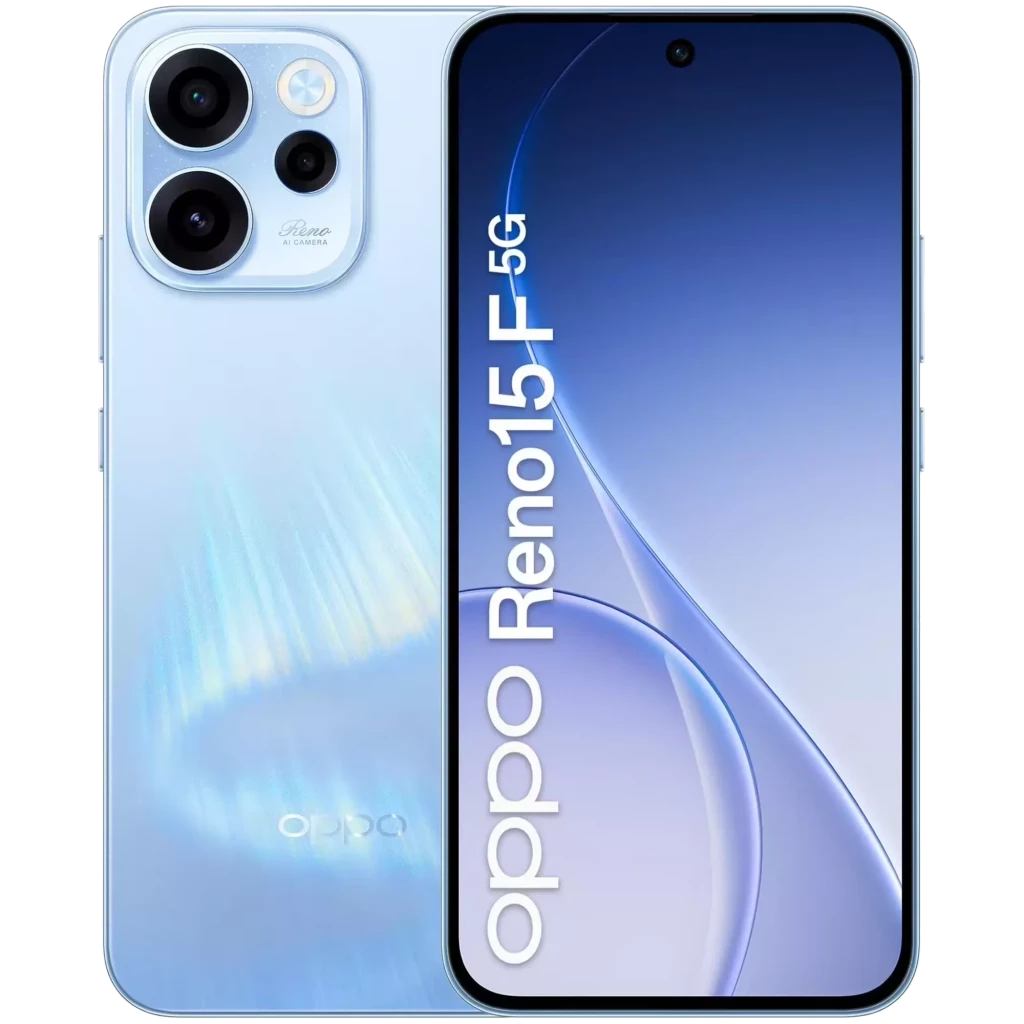 Oppo Reno15 F 5G em Aurora Azul com ecrã de 6,57 pol cheio, câmara tripla traseira com módulo quadrado e furo central no ecrã para a câmara frontal - Item