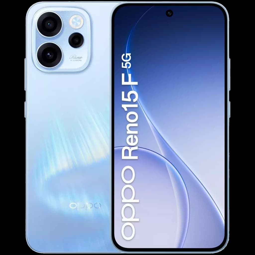 Oppo Reno15 F 5G em Aurora Azul com ecrã de 6,57 pol cheio, câmara tripla traseira com módulo quadrado e furo central no ecrã para a câmara frontal