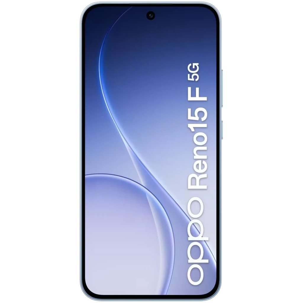 Oppo Reno15 F 5G em Aurora Azul com ecrã de 6,57 pol cheio, câmara tripla traseira com módulo quadrado e furo central no ecrã para a câmara frontal - Item1
