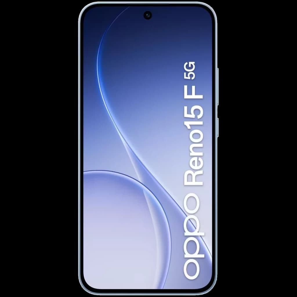 Smartphone Oppo Reno15 F 5G cor aurora azul, ecrã 6,57 polegadas quase sem bordas, câmara frontal em furo central, laterais finas prateadas
