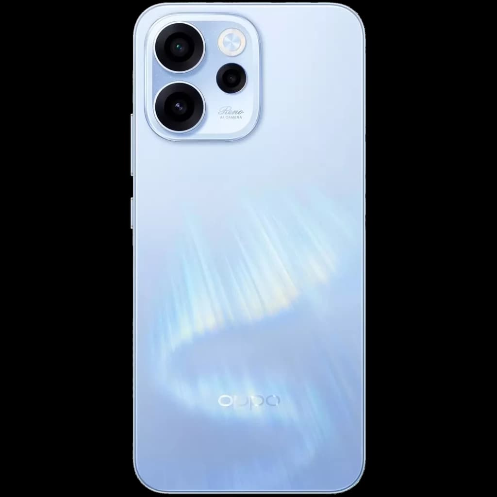 Traseira do Oppo Reno15 F 5G em azul aurora com acabamento brilhante, módulo de câmera tripla saliente e logo Oppo na parte inferior