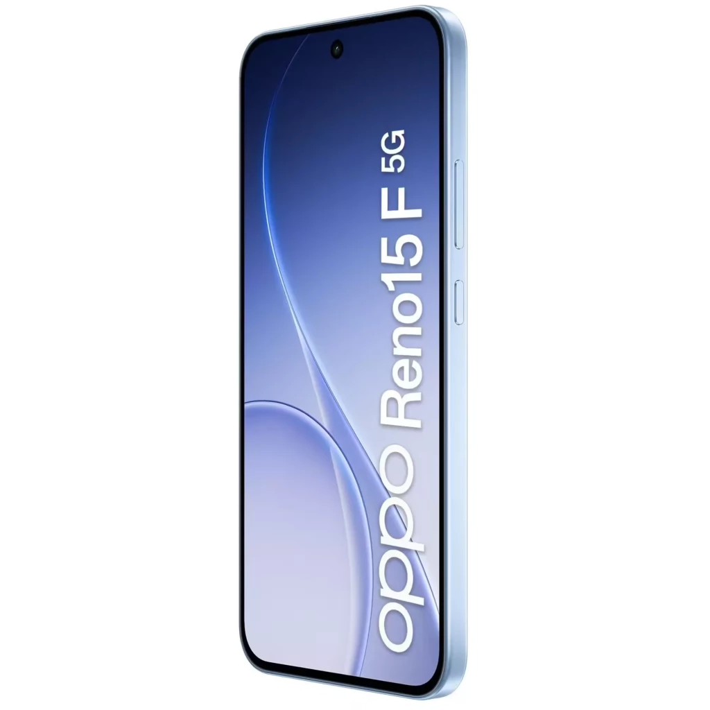 Oppo Reno15 F 5G em Aurora Azul com ecrã de 6,57 pol cheio, câmara tripla traseira com módulo quadrado e furo central no ecrã para a câmara frontal - Item3