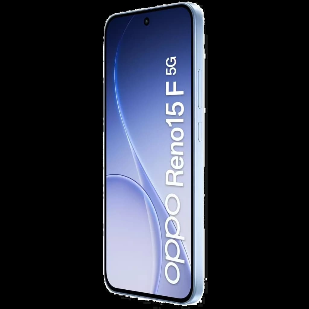 Oppo Reno15 F 5G azul aurora com ecrã 6.57 quase sem bordas, câmara frontal em furo central e laterais metálicas finas com botões de volume