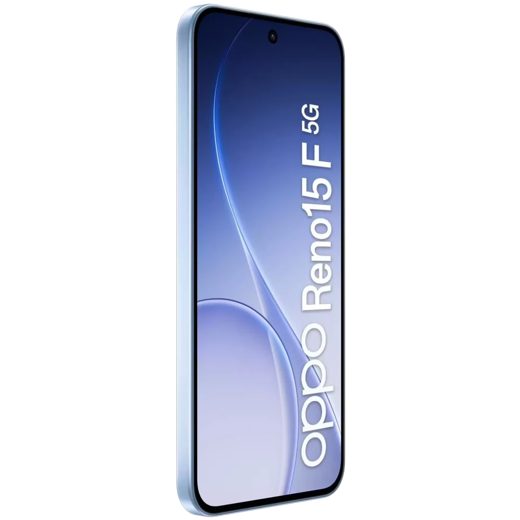 Oppo Reno15 F 5G em Aurora Azul com ecrã de 6,57 pol cheio, câmara tripla traseira com módulo quadrado e furo central no ecrã para a câmara frontal - Item4