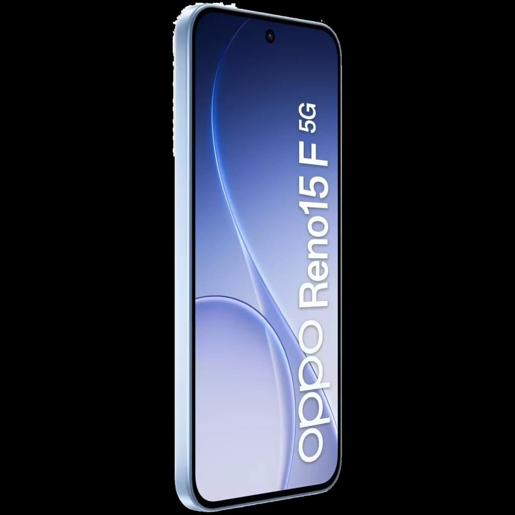 Smartphone azul aurora com tela 6.57 pol quase sem bordas, furo central para câmera, logotipo Oppo Reno15 F 5G na lateral e acabamento metálico elegante