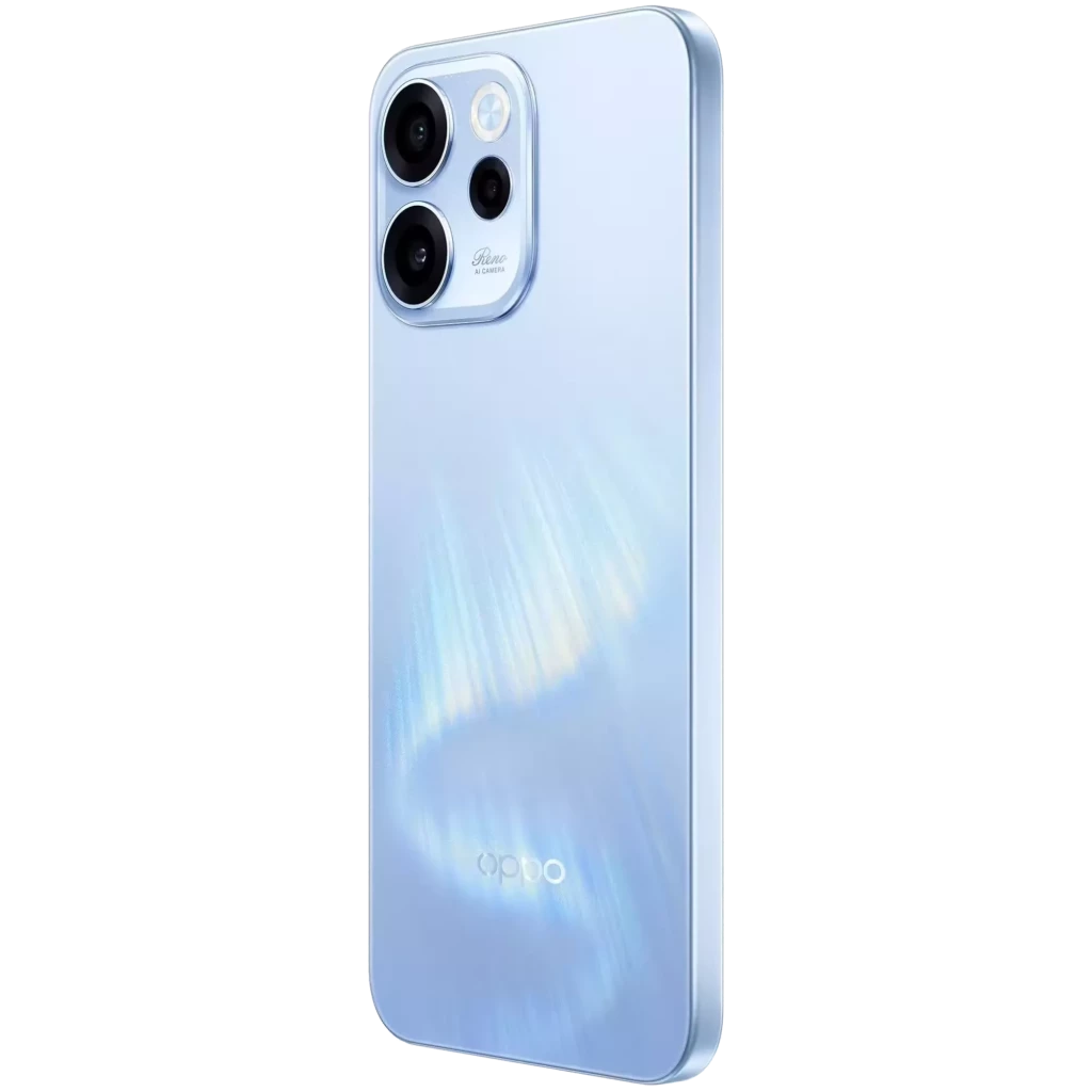 Oppo Reno15 F 5G em Aurora Azul com ecrã de 6,57 pol cheio, câmara tripla traseira com módulo quadrado e furo central no ecrã para a câmara frontal - Item5