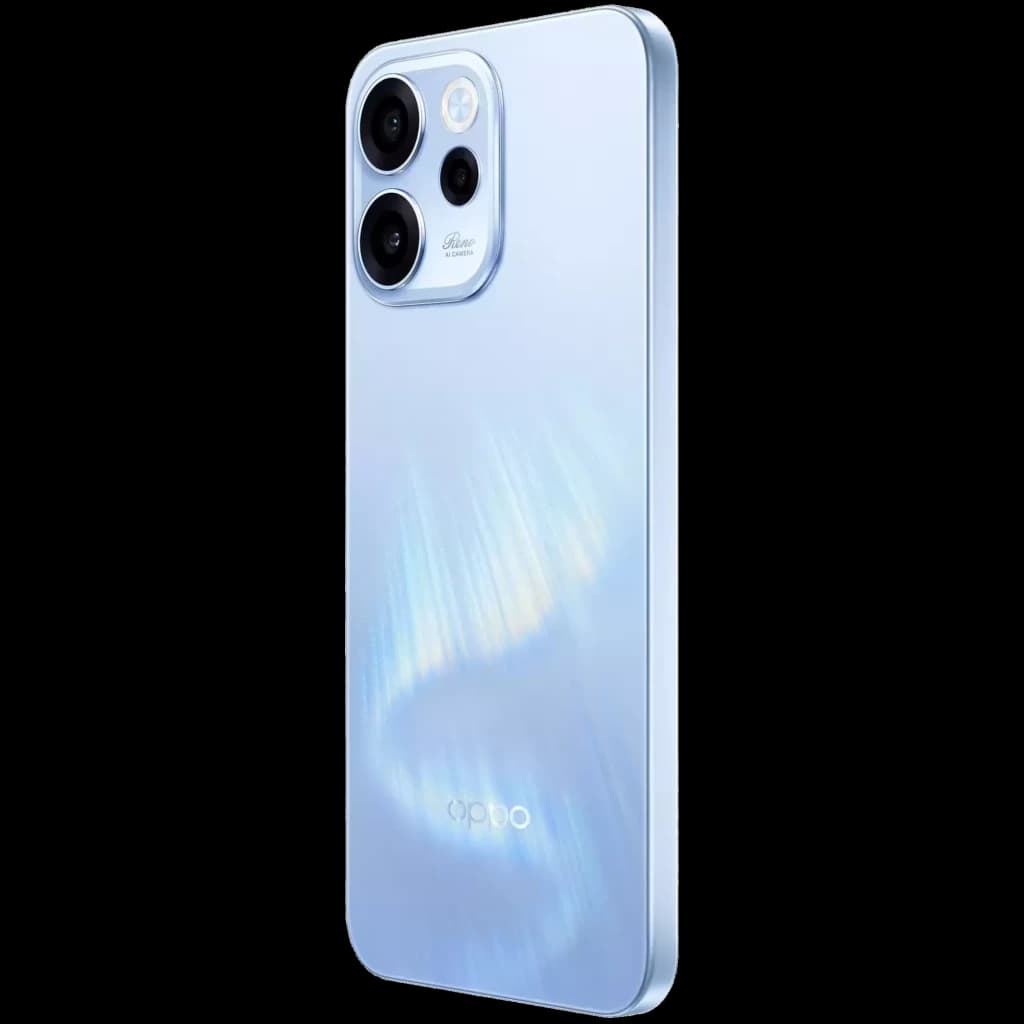 Oppo Reno15 F 5G azul aurora com traseira brilhante e módulo de câmera retangular com 3 lentes grandes e flash; laterais finas em acabamento metálico