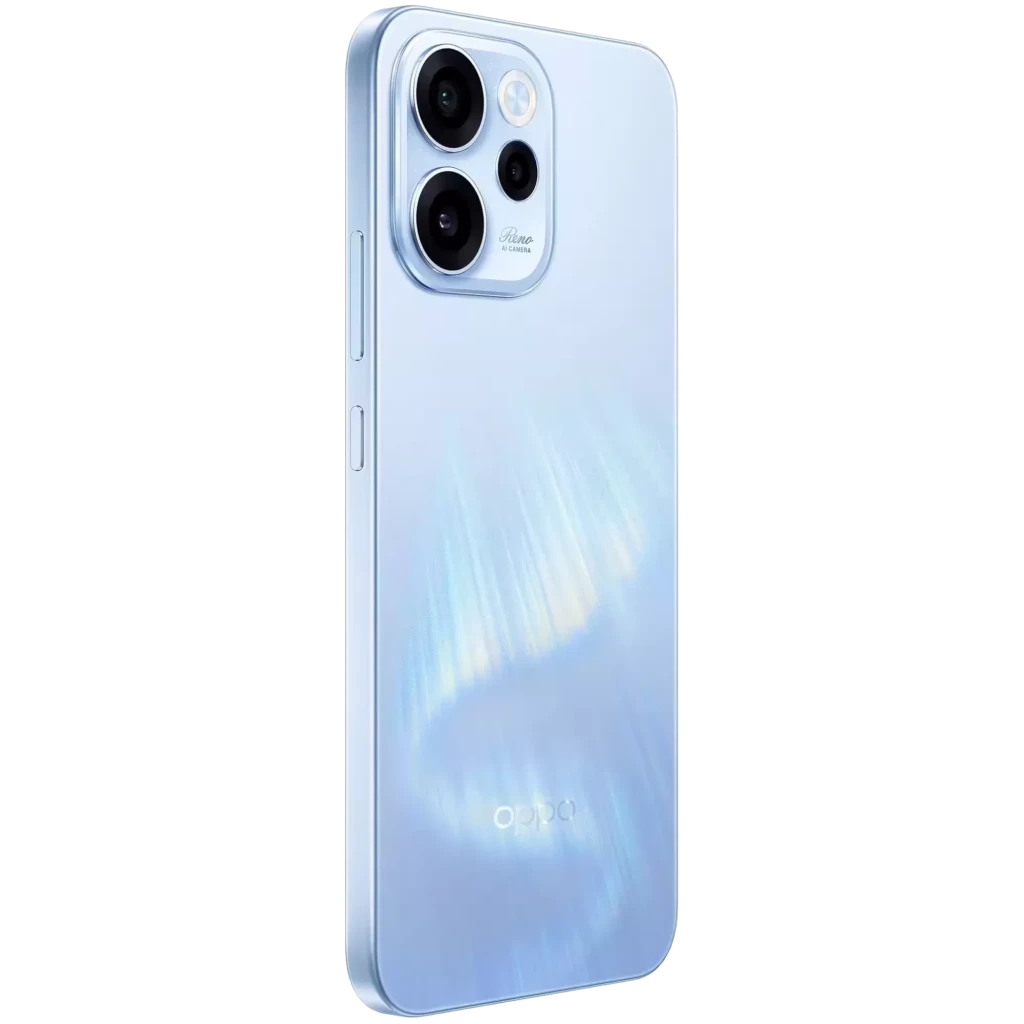 Oppo Reno15 F 5G em Aurora Azul com ecrã de 6,57 pol cheio, câmara tripla traseira com módulo quadrado e furo central no ecrã para a câmara frontal - Item6