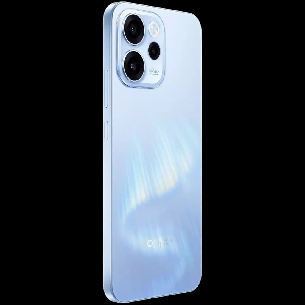 Smartphone azul aurora com traseira brilhante, módulo de câmeras triplo em destaque e bordas retas; design elegante e minimalista