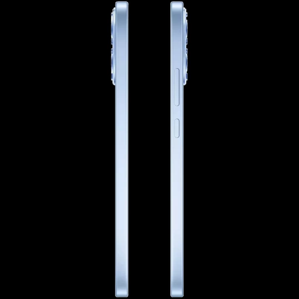 Lateral do Oppo Reno15 F 5G em Aurora Azul com bordas retas, perfil ultrafino e módulo de câmeras saliente; botão lateral visível e acabamento metálico