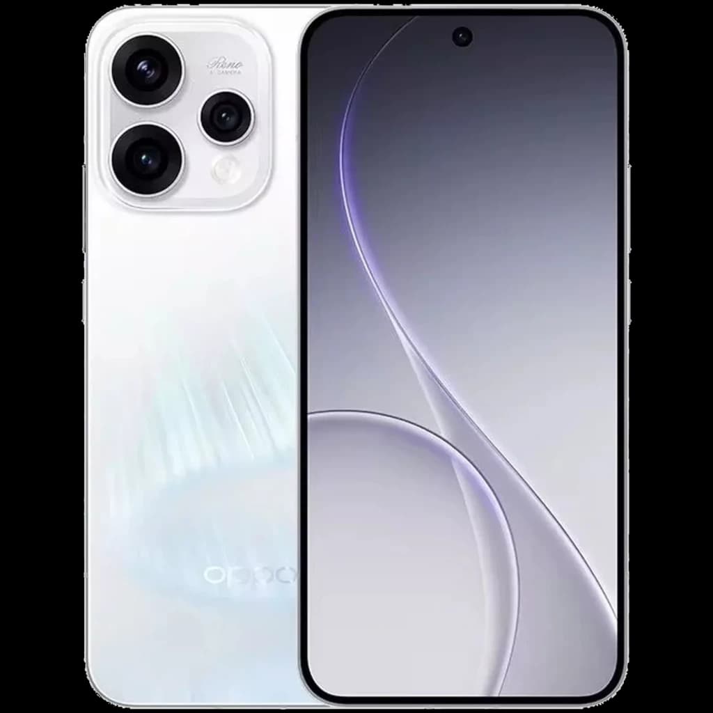 Oppo Reno15 5G Aurora Blanc avec écran 6,59 pouces sans bordures, poinçon centré, dos nacré et triple caméra arrière avec grand module circulaire