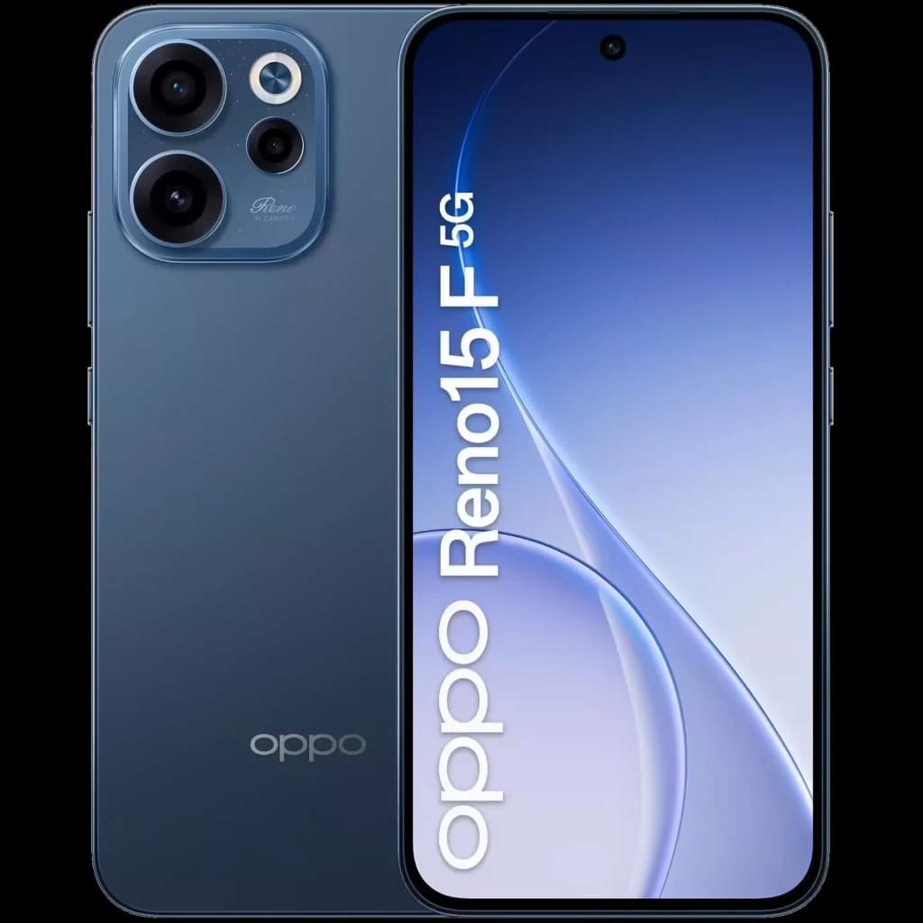 Oppo Reno15 F 5G azul Twilight com tela FullHD+, furo central, bordas finas e módulo traseiro com três câmeras grandes e flash integrado