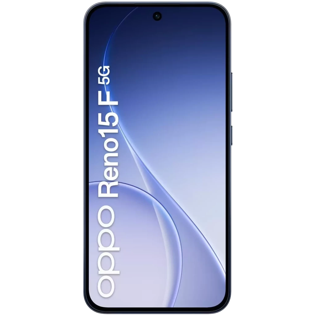 Oppo Reno15 F 5G azul Twilight com tela FullHD+, furo central, bordas finas e módulo traseiro com três câmeras grandes e flash integrado - Item1