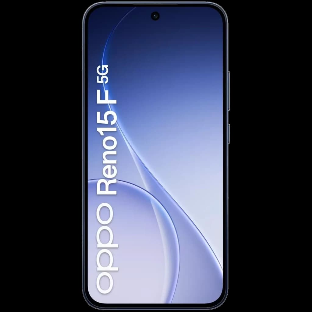 Smartphone Oppo Reno15 F 5G azul Twilight com tela FullHD+ de bordas finas, câmera frontal em furo central e laterais metálicas elegantes