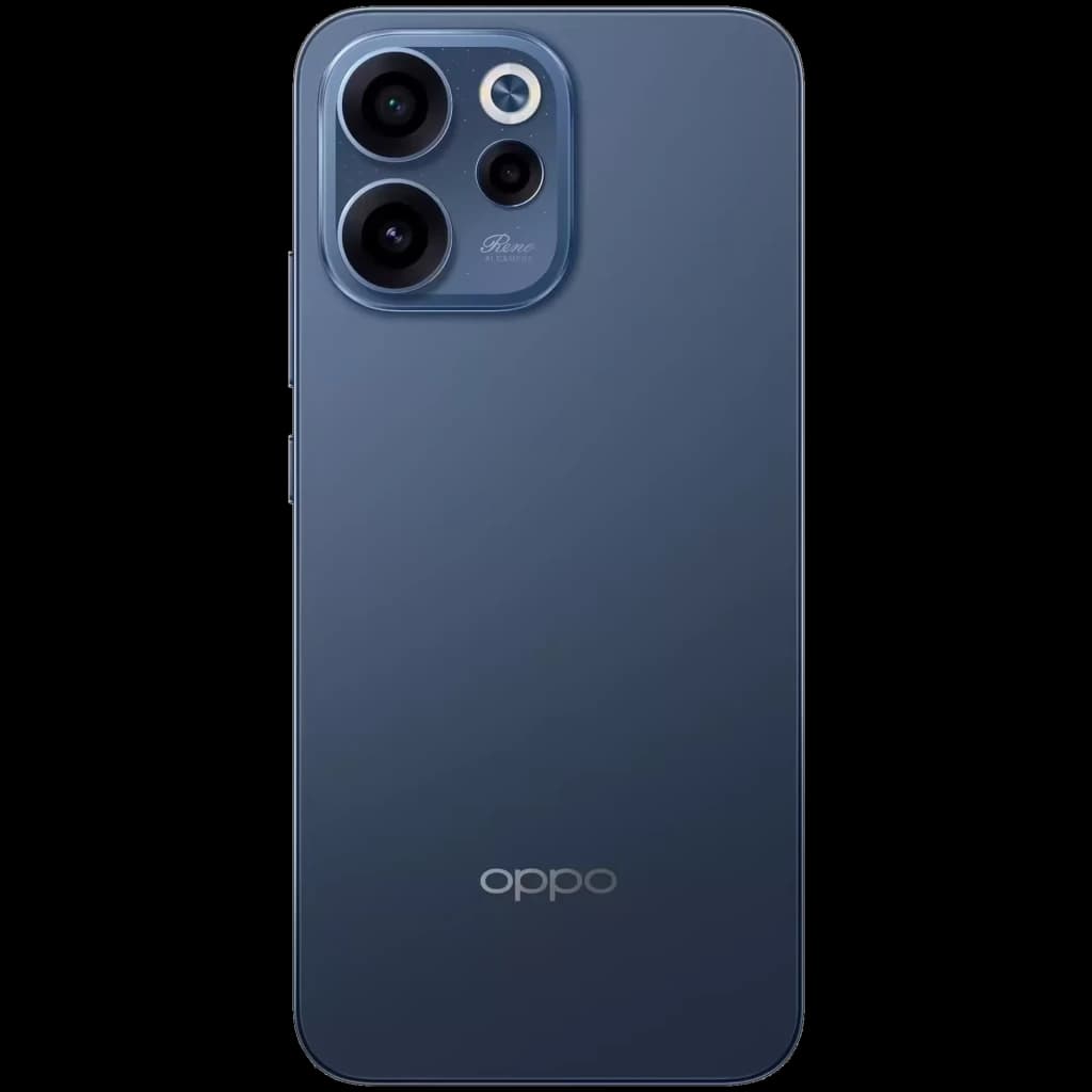 Traseira do Oppo Reno15 F 5G em azul Twilight com módulo de câmera tripla destacado e acabamento fosco elegante, logotipo Oppo centralizado