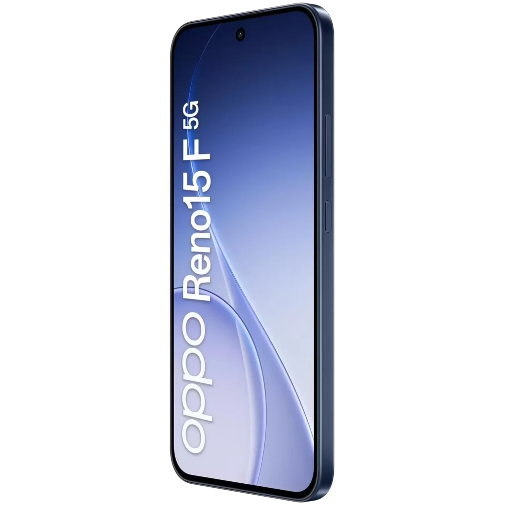 Oppo Reno15 F 5G azul Twilight com tela FullHD+, furo central, bordas finas e módulo traseiro com três câmeras grandes e flash integrado - Item3