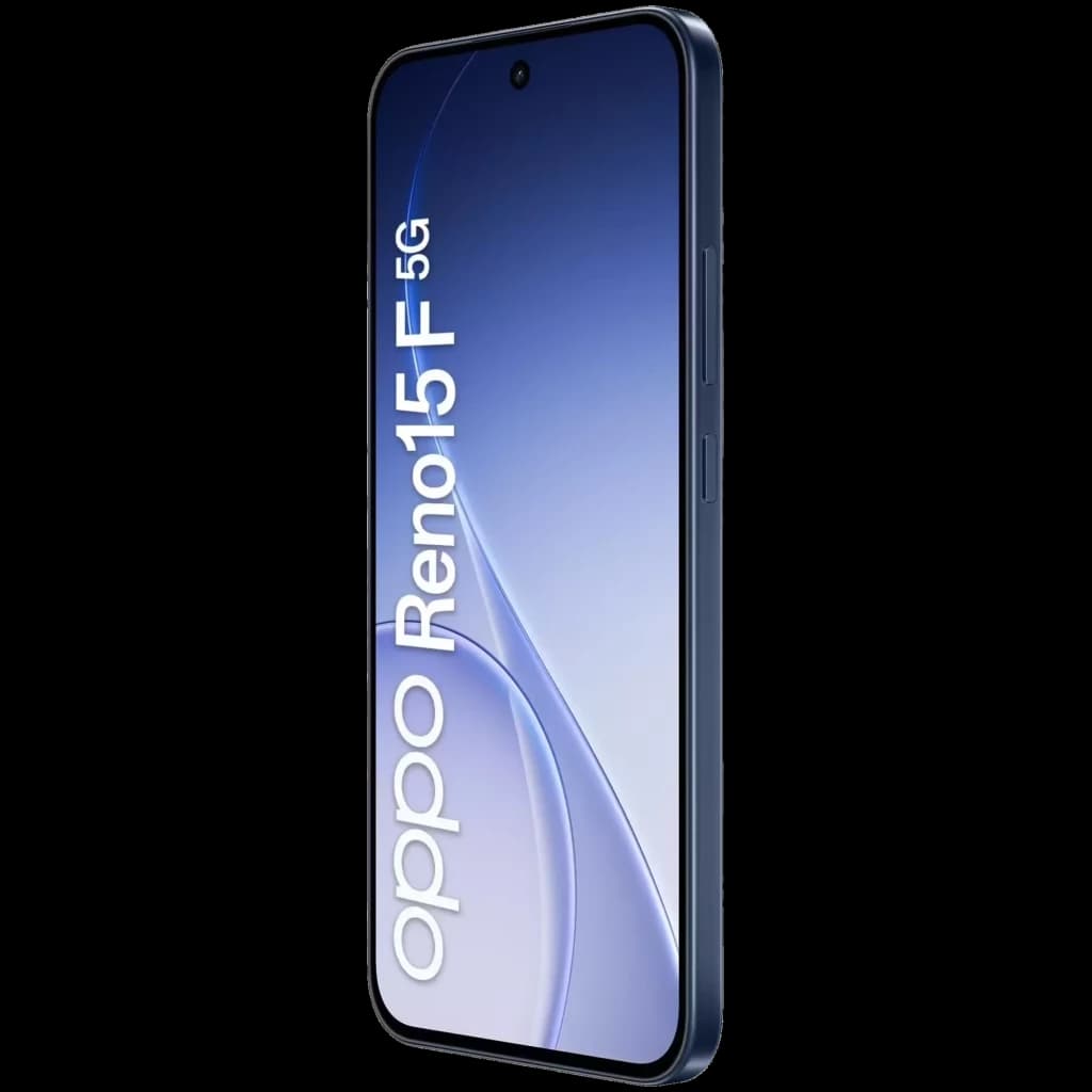 Oppo Reno15 F 5G azul Twilight com tela FullHD+, bordas finas, câmera frontal em furo central e laterais delgadas; design elegante e moderno