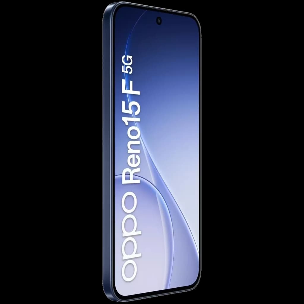 Smartphone Oppo Reno15 F 5G azul Twilight com tela Full HD+, bordas finas, câmera frontal em furo central e design elegante em acabamento brilhante