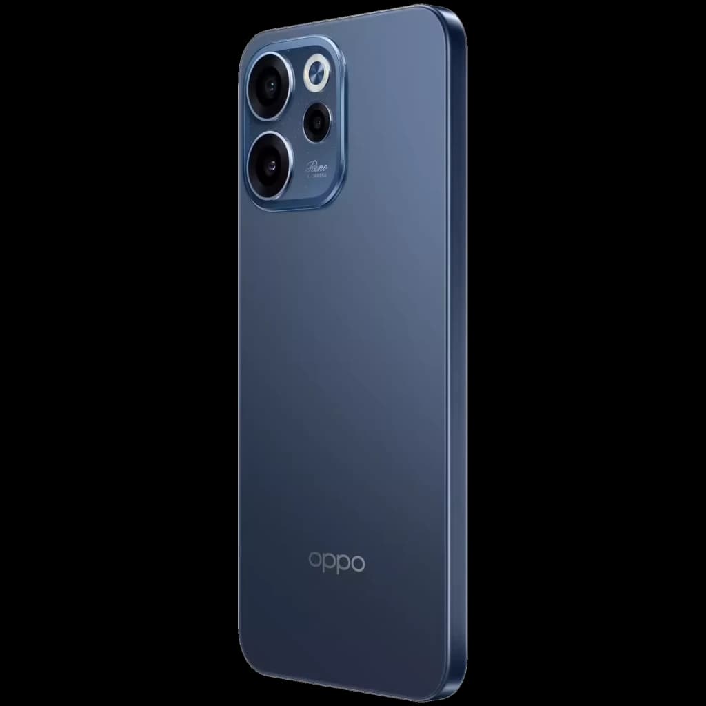 Oppo Reno15 F 5G azul Twilight com traseira lisa e módulo de câmera elevado com três lentes grandes e flash circular, acabamento metálico elegante
