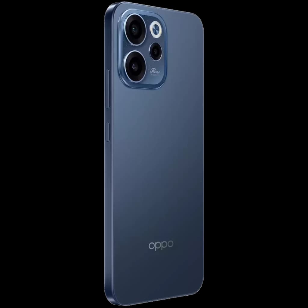 Oppo Reno15 F 5G azul Twilight com traseira lisa e módulo de câmera tripla destacado, lentes grandes e flash, acabamento premium e bordas retas