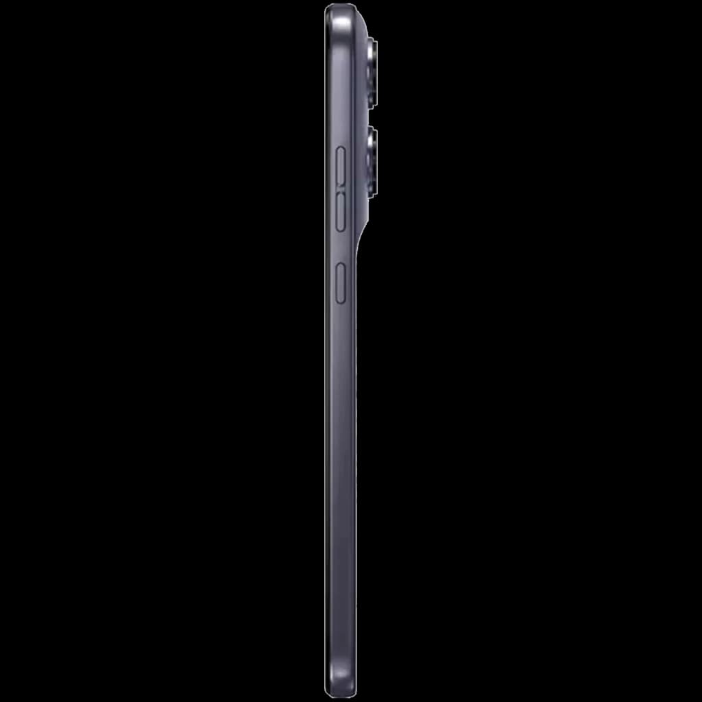 Lateral do Motorola Moto G67 5G em Artic Seal, perfil fino em cinza, botões de volume e energia visíveis, módulo de câmara dupla saliente atrás