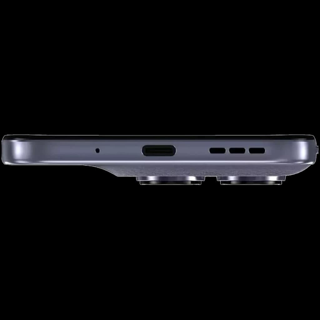 Motorola Moto G67 5G Artic Seal visto de perfil com porta USB-C central, grelha de altifalante, microfone e módulo de câmara dupla saliente