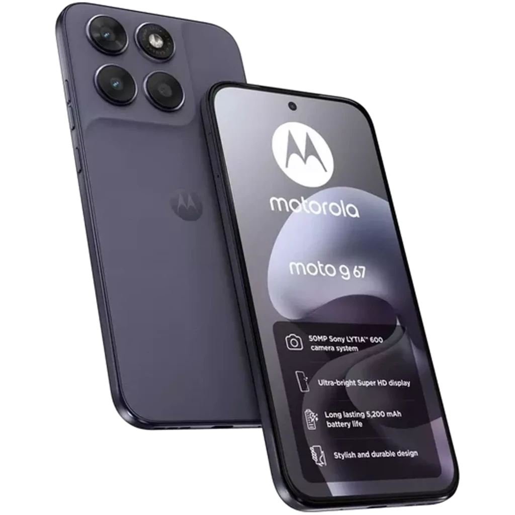 Smartphone Motorola Moto G67 5G en color gris Artic Seal, pantalla Extreme OLED con perforación central y módulo trasero con triple lente y flash, cuerpo - Ítem1