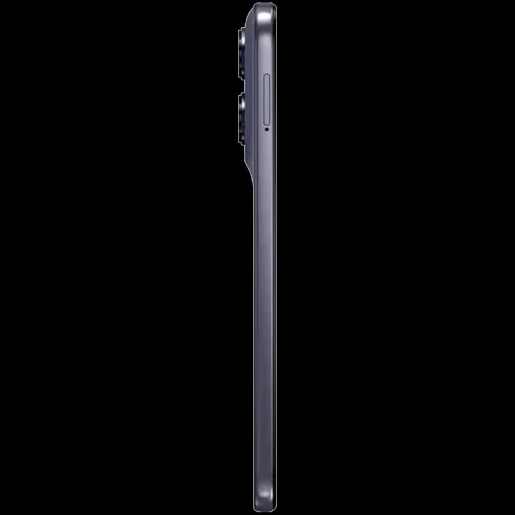 Lateral do Motorola Moto G67 5G Artic Seal destacando perfil ultrafino em cinza, módulo de câmera dupla saliente e botão de volume discreto