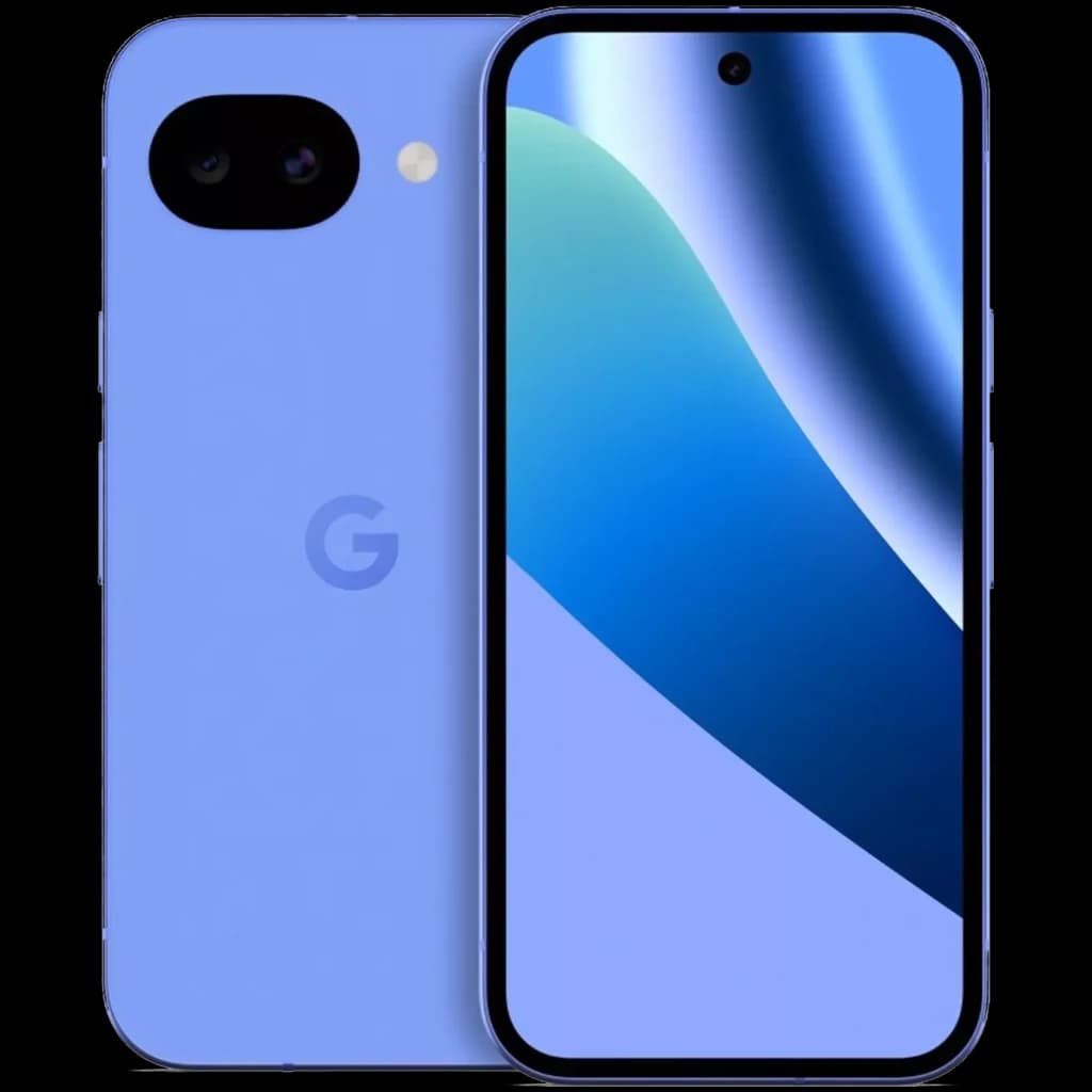 Google Pixel 10a lavanda con pantalla completa y perforación central, doble cámara trasera horizontal con flash, logo G posterior y bordes curvos