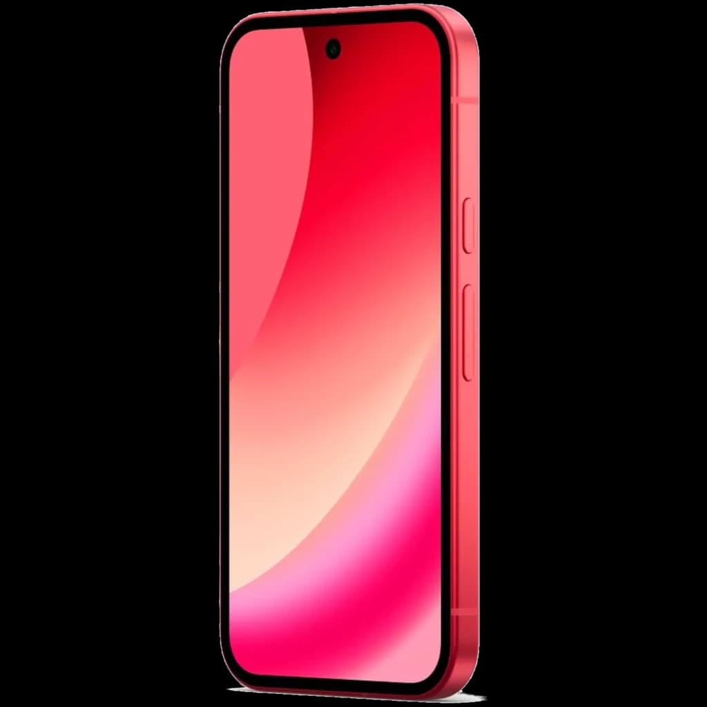 Google Pixel 10a 128GB en color baya con pantalla Actua OLED sin bordes, cámara frontal en orificio centrado y marco lateral con botones en tono rosa