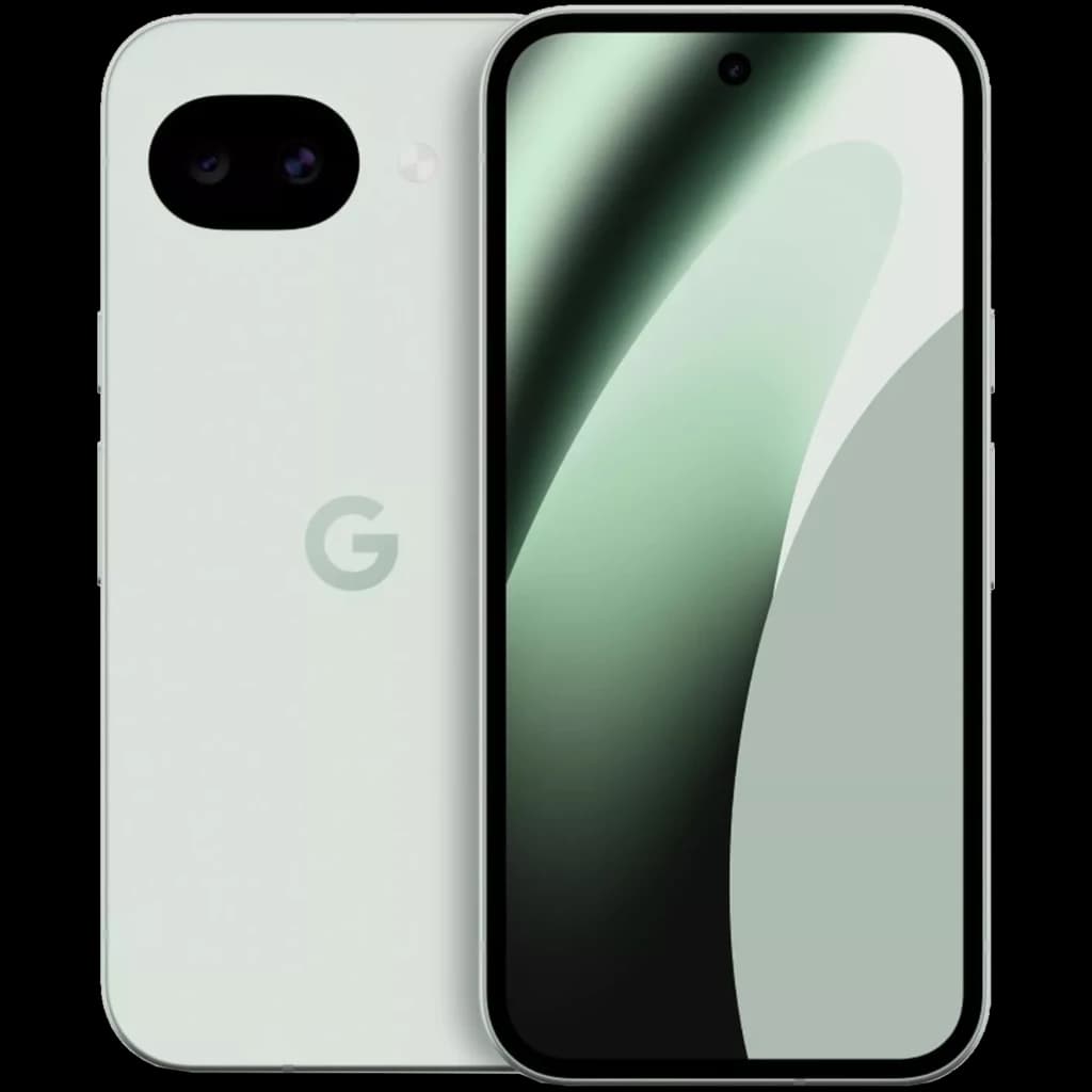 Google Pixel 10a 128GB Niebla con pantalla completa perforada, doble cámara trasera horizontal, acabado mate claro y logo G centrado; borde fino y simétrico