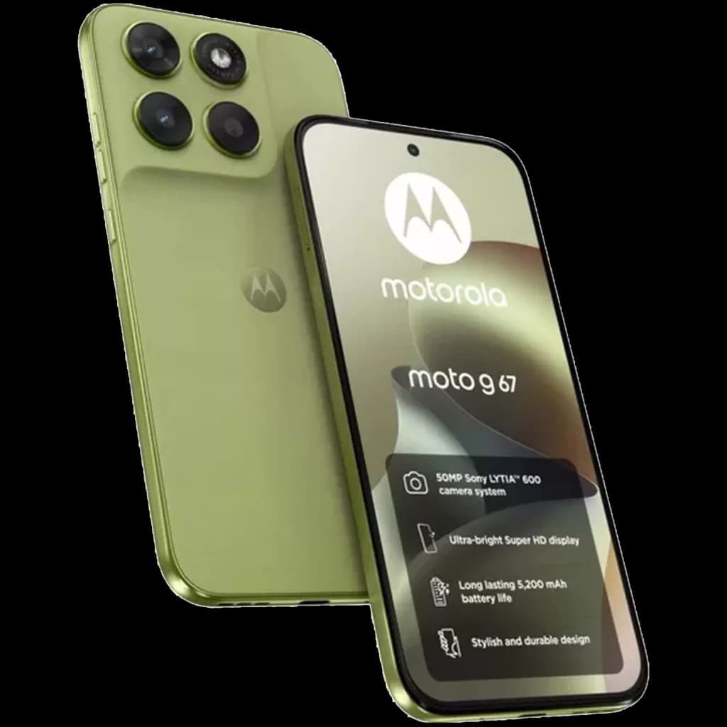 Motorola Moto G67 5G cor verde Nile com ecrã 6,78 perfurado, três câmaras traseiras salientes, 128 GB, 4 GB RAM e design fino resistente