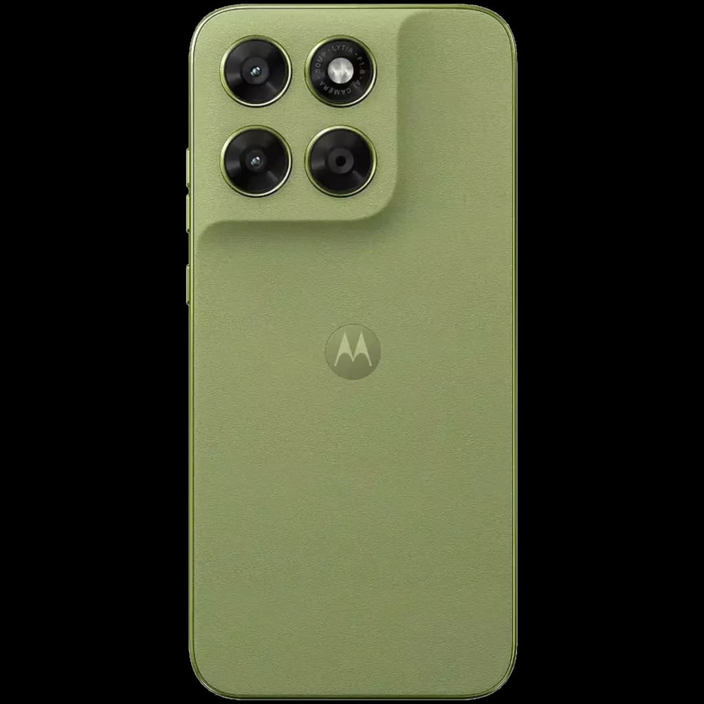 Traseira verde Nile com módulo elevado e três câmeras grandes à esquerda, acabamento fosco com logo Motorola central; design clean e moderno