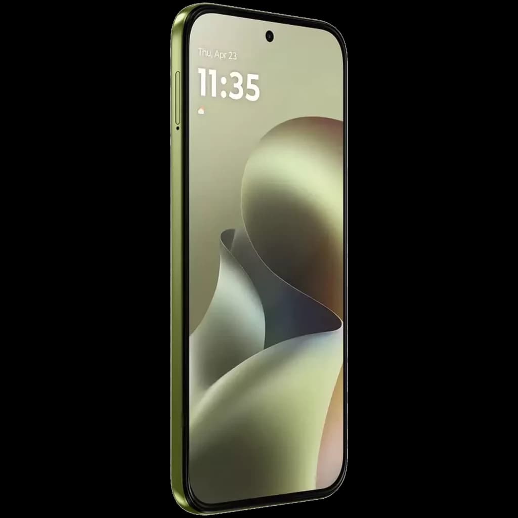 Smartphone verde com ecrã 6,78 polegadas quase sem bordas, câmara frontal central em furo, laterais finas e botão lateral, design elegante e moderno