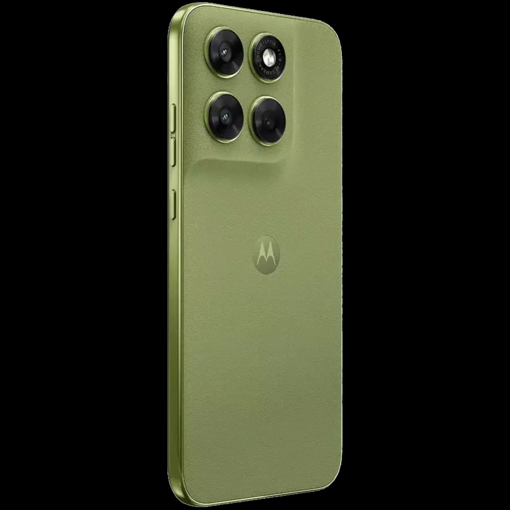 Smartphone verde Nile com traseira fosca, módulo triplo de câmeras salientes e logo Motorola central; bordas retas e acabamento premium