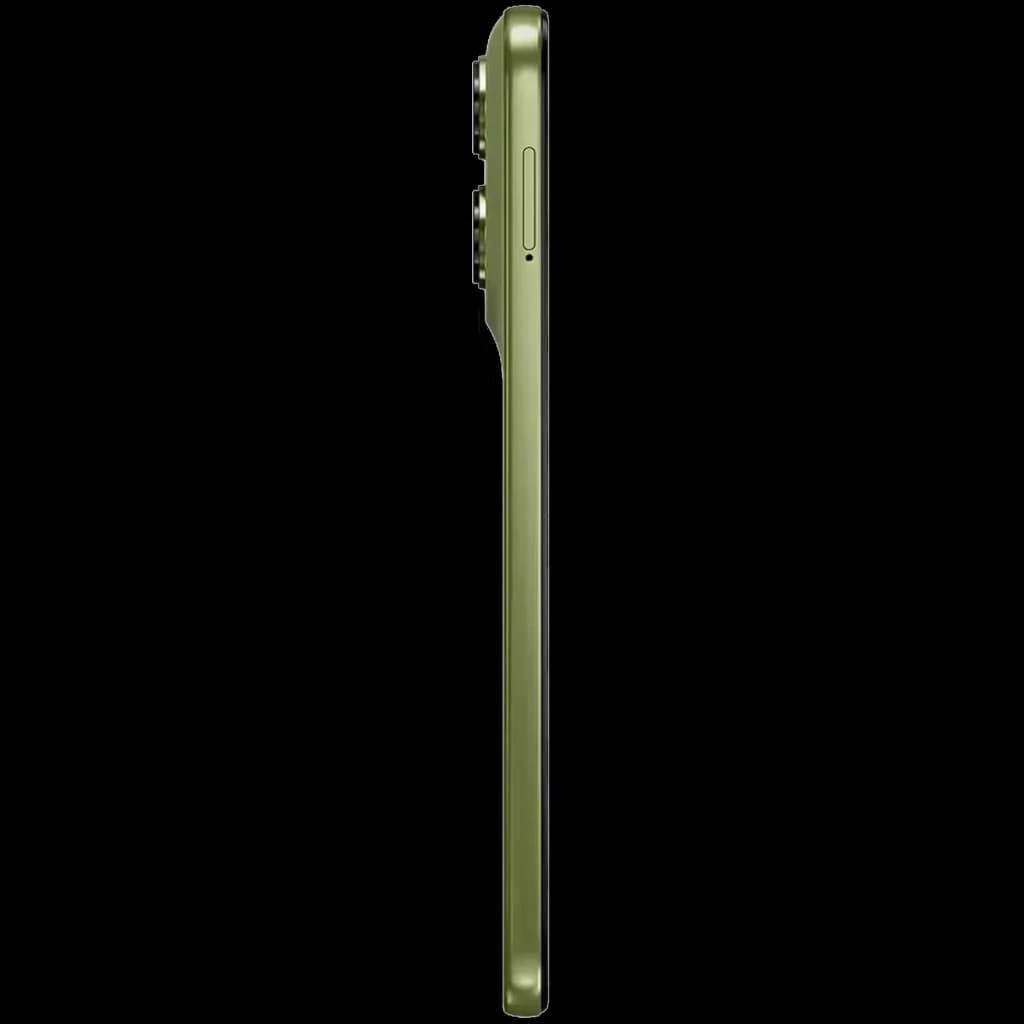 Lateral do Motorola Moto G67 5G na cor verde Nile, perfil ultra fino com módulo de câmeras saliente e botão lateral visível
